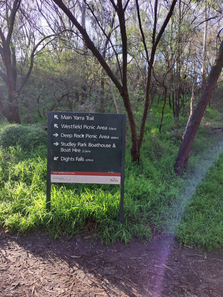 A green sign at a dog leg of the path to point towards Dight Falls.