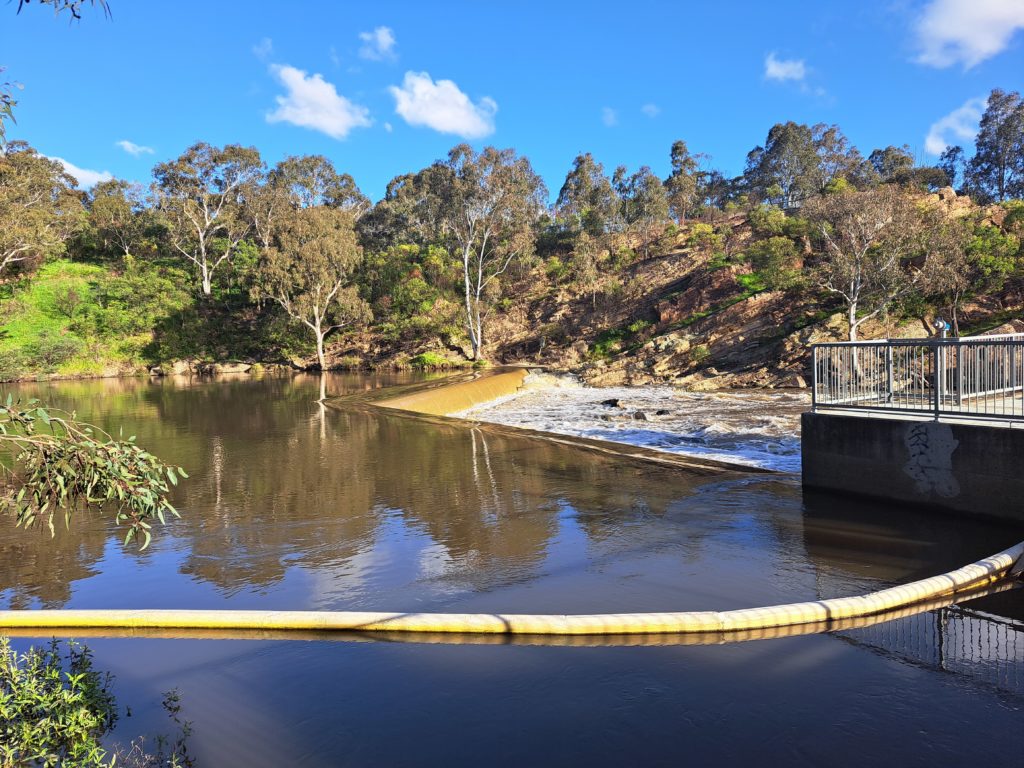 The top of Dights Falls, it is long weir and you can see the metal viewing platform barrier on the right side of the photo.