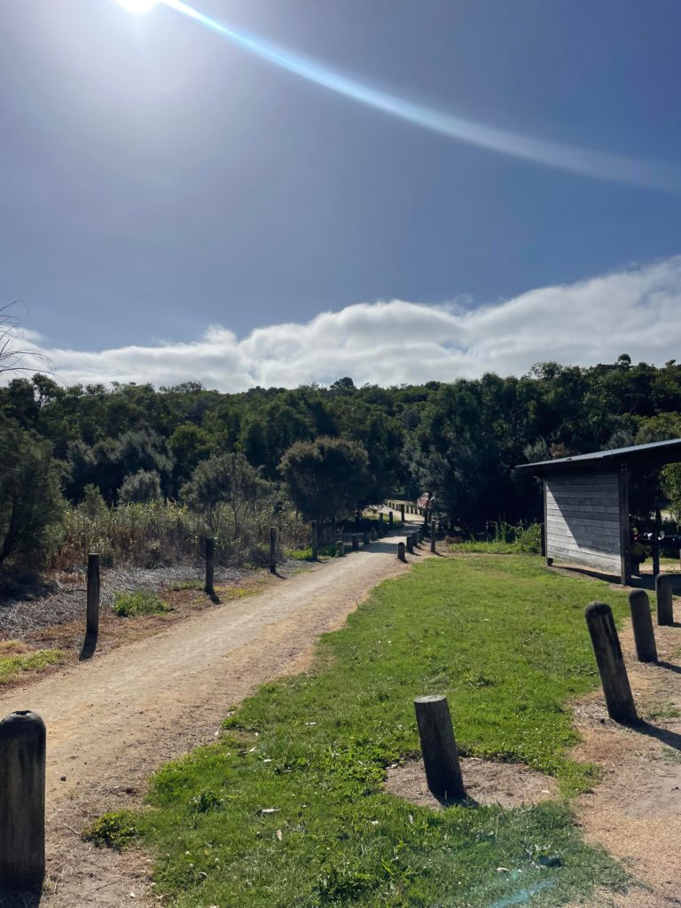 A view of the sandy pathways and the edge of the communal shelter at the Aire River West Campground.