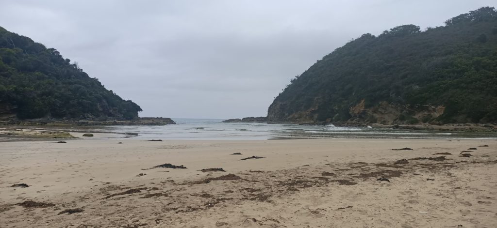 The Parker Inlet beach is in the foreground. The ocean is calm with only a few small waves. In the background are to symmetrical hills narrowing the exit for the ocean from the bay. The sky is overcast.