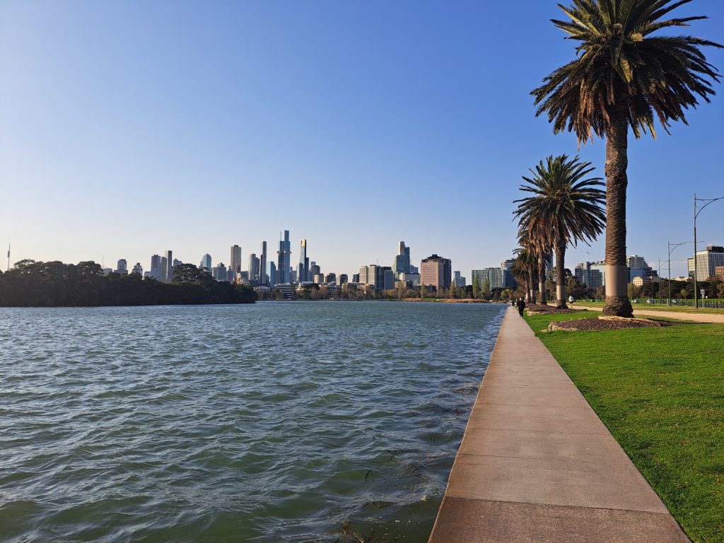 Lake view of the city skyline to the right is the concrete bank with tall palm trees along the edge. The sky is blue and clear.