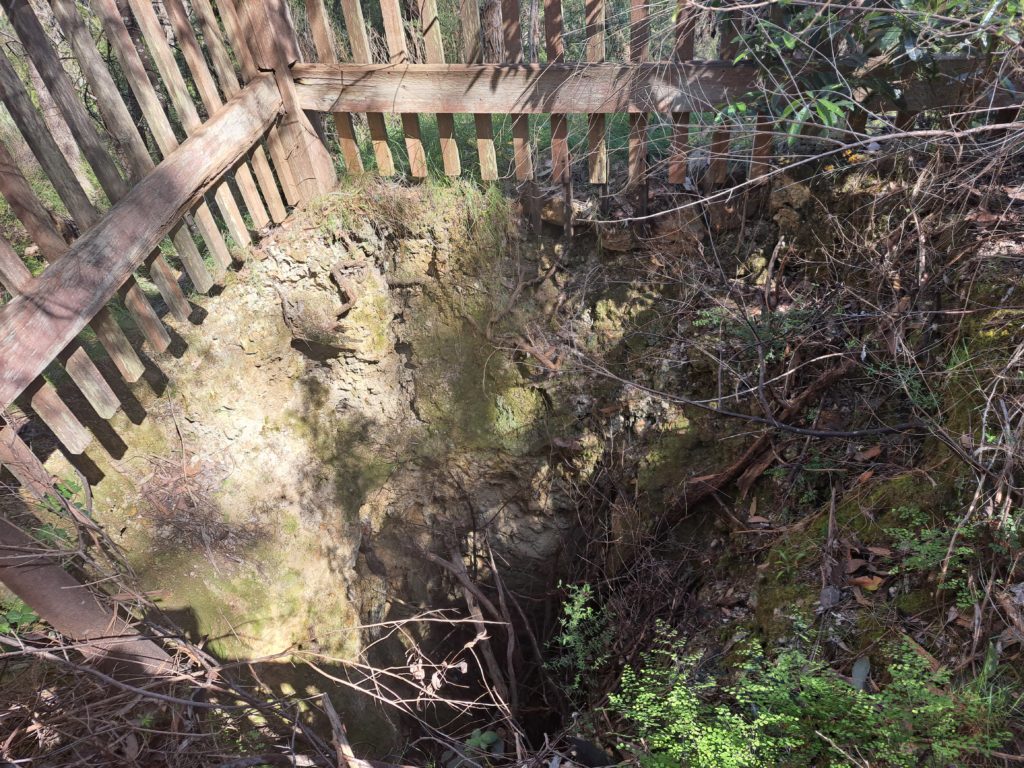 A view of the mine shaft, the photo is surrounded by a wooden fence protecting people from falling into the shaft. The shaft is a hole with a bunch of sticks and plants stuck inside.