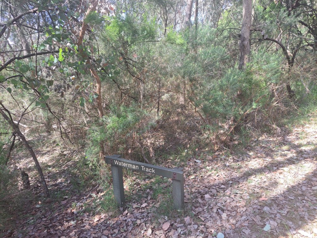 A view of the waterman track sign and the bushland behind it.