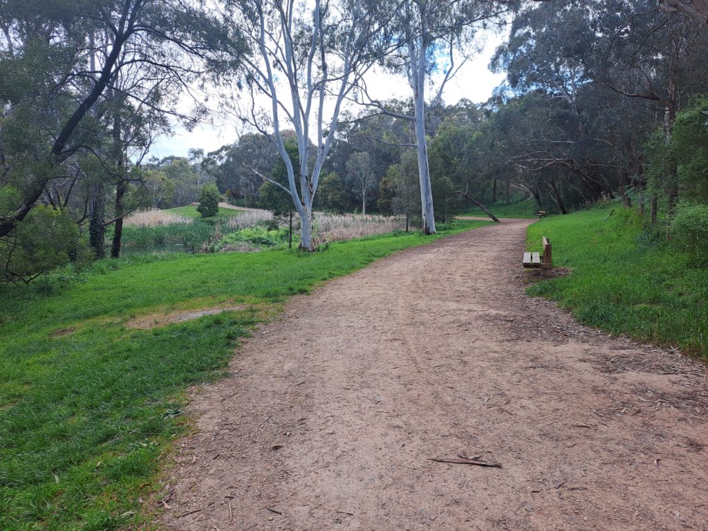 Gravel Path with a wooden bench on the right had side with trees and the creek in the background.